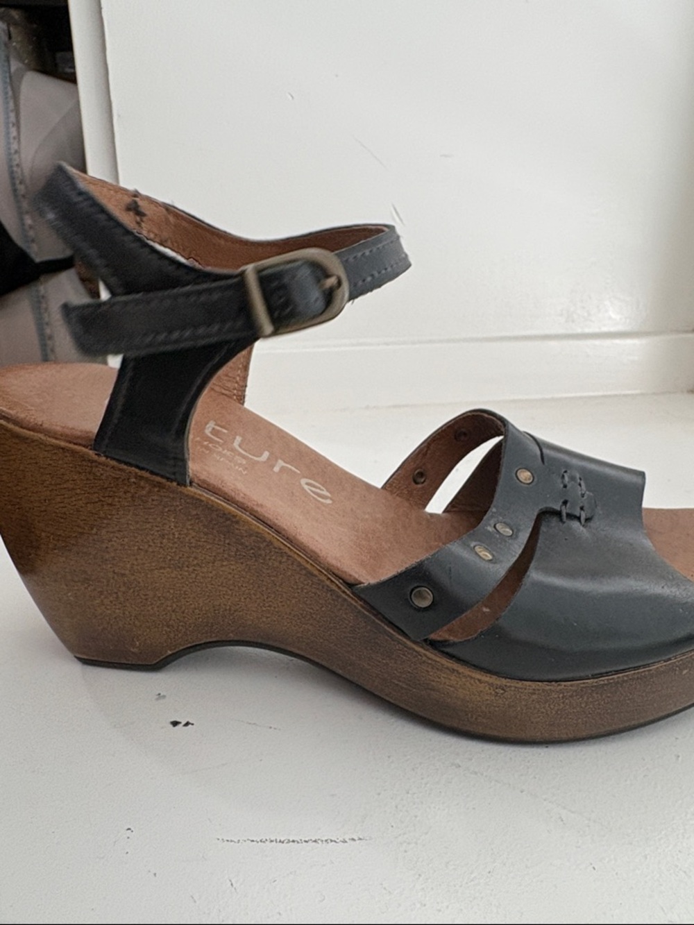 Black Leather T-Strap Wedge Sandals